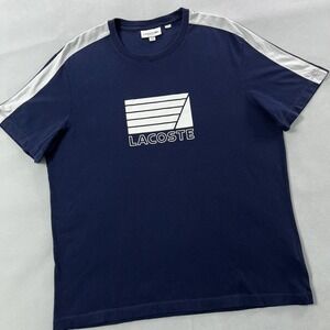 Lacoste Shirt Mens XL Navy Blue Regular Fit Nautical Graphic Logo Contrast Bands